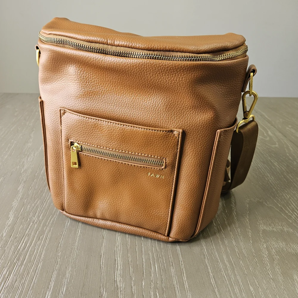 Fawn Design Brown Faux Leather Diaper Bag the Original With Brown Stroller Clips